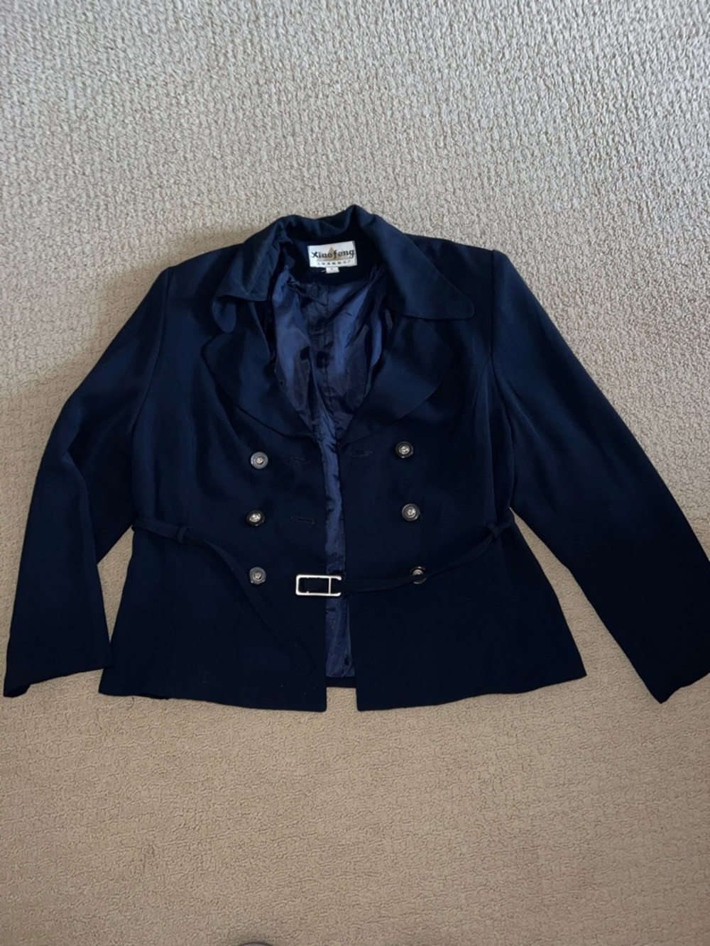 Women's Navy Double-Breasted Belted Blazer